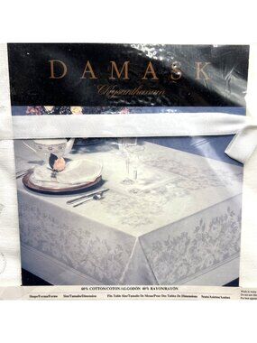 Kemp & Beatley Damask Tablecloth Chrysanthemum White Round 68 Inches